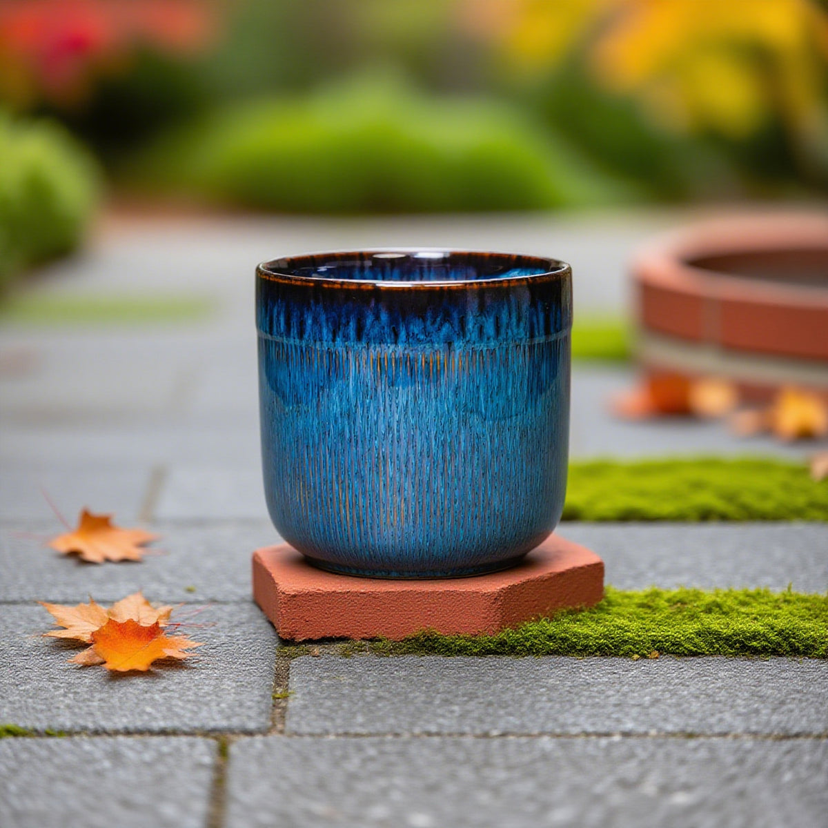 NINETYPOT 7 Inch Blue Ceramic Planter - Gradient Glaze Linear Texture, Indoor Outdoor Cylindrical Flower Pot for Orchid Bonsai Succulents