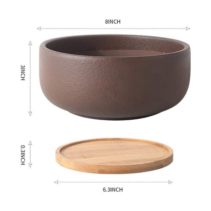 8/10" Large Terracotta Bonsai Planter with Bamboo Drainage Tray – Natural Clay, High-Temp Fired for Succulents, Cacti & Indoor/Outdoor Use