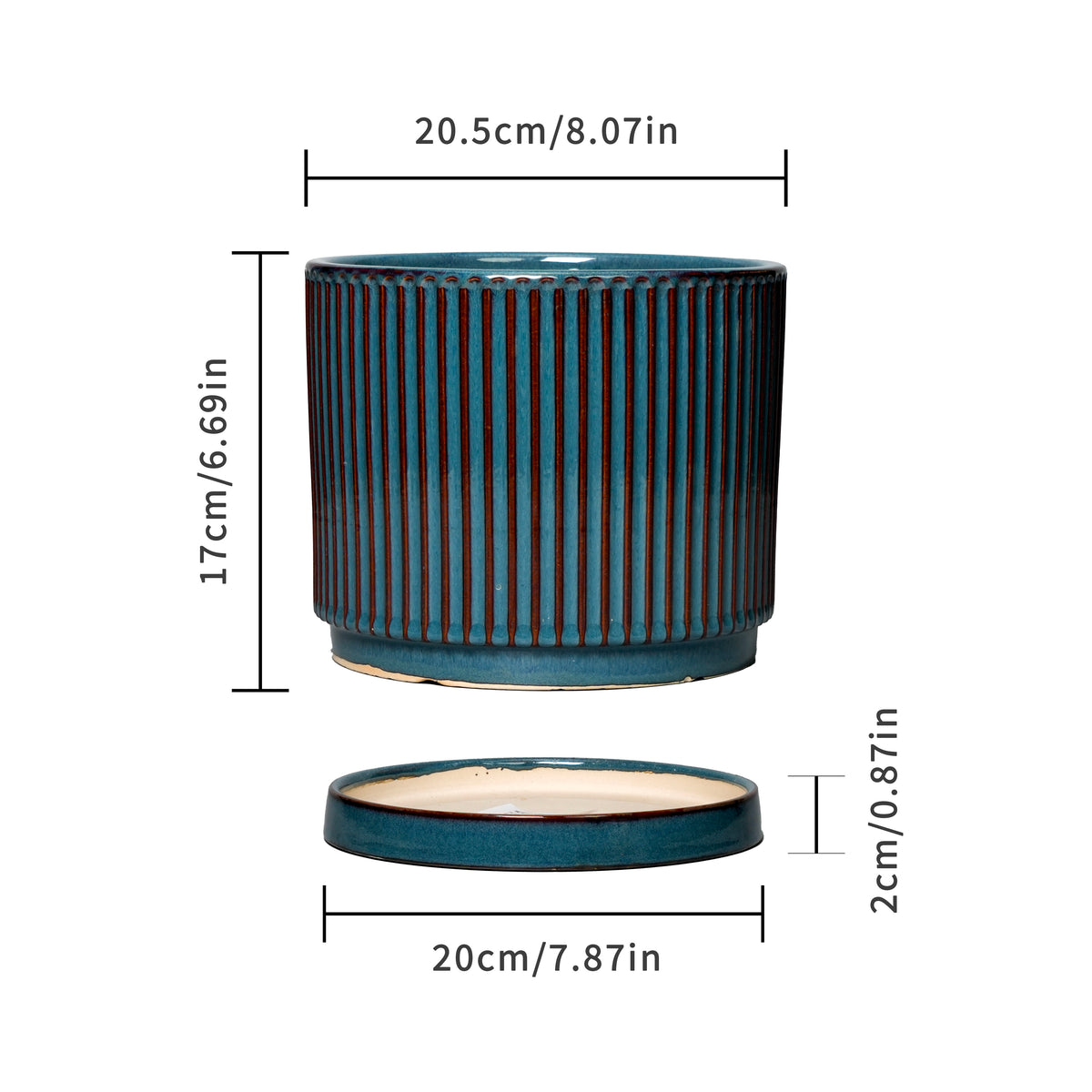 Stillaflora 4/6/8/10 Inch Blue Fluted Vertical Striped Ceramic Plant Pots Sets with Drainage, Indoor/Outdoor Modern Cylinder Flower Pots for Monstera & Large Plants