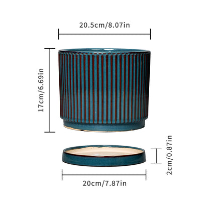 Stillaflora 4/6/8/10 Inch Blue Fluted Vertical Striped Ceramic Plant Pots Sets with Drainage, Indoor/Outdoor Modern Cylinder Flower Pots for Monstera & Large Plants