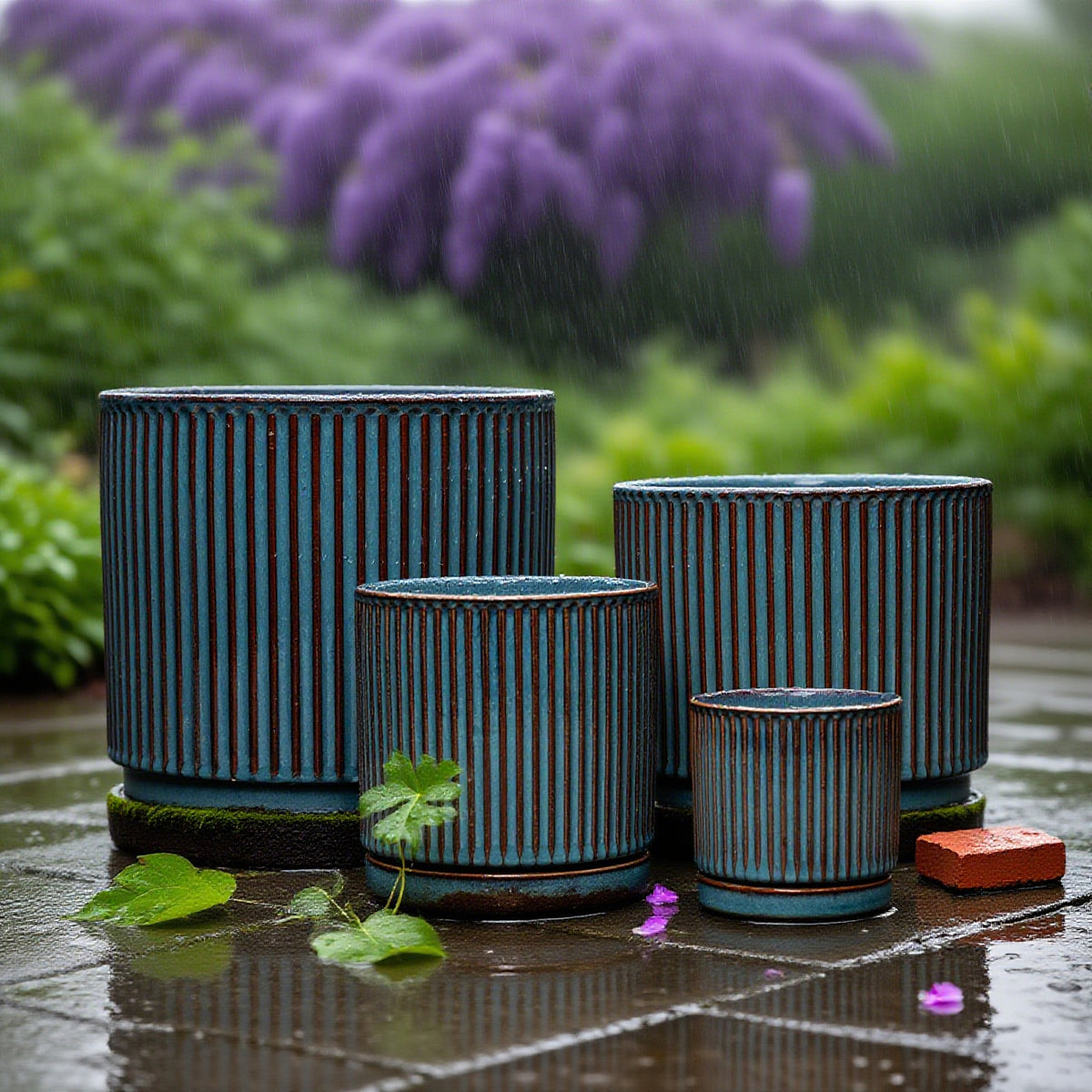 Stillaflora 4/6/8/10 Inch Blue Fluted Vertical Striped Ceramic Plant Pots Sets with Drainage, Indoor/Outdoor Modern Cylinder Flower Pots for Monstera & Large Plants