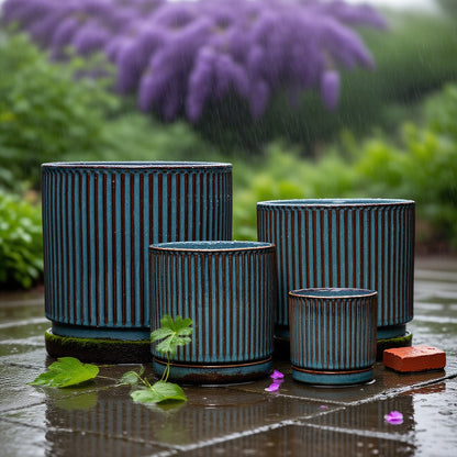 Stillaflora 4/6/8/10 Inch Blue Fluted Vertical Striped Ceramic Plant Pots Sets with Drainage, Indoor/Outdoor Modern Cylinder Flower Pots for Monstera & Large Plants