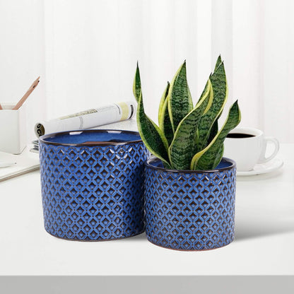 Ceramic Pots for Plants - 6.6+5.3 Inch Ceramic Planters Set of 2, Round Planters with Drainage Holes, Boho Flower Pots for Indoor Outdoor, Home Room Decor, Gifts for Plant Lovers, Blue