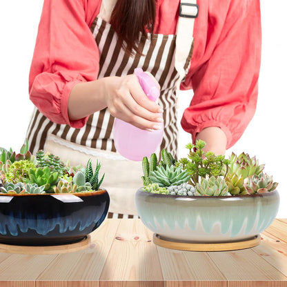 8" Drip Glazed Ceramic Succulent Planter with Bamboo Tray – Vintage Rustic Bonsai Pot for Indoor Plants