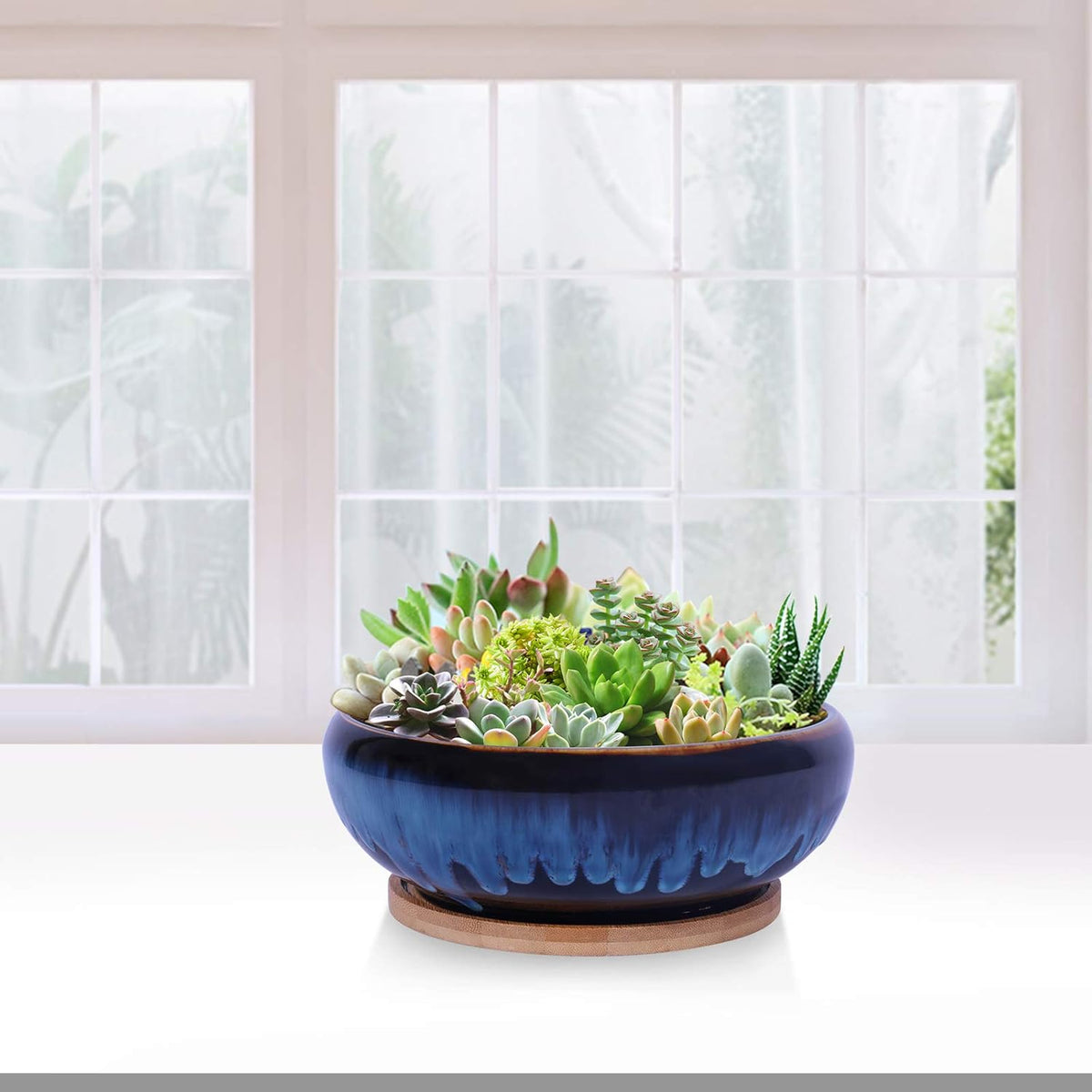 8" Drip Glazed Ceramic Succulent Planter with Bamboo Tray – Vintage Rustic Bonsai Pot for Indoor Plants