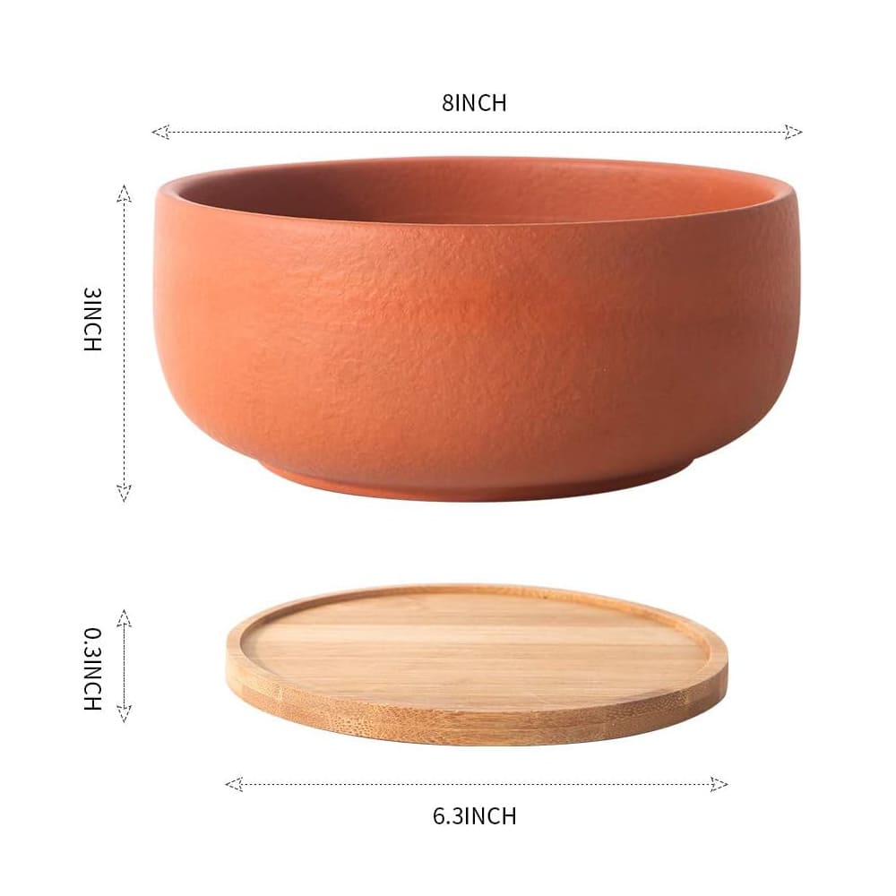 8/10" Large Terracotta Bonsai Planter with Bamboo Drainage Tray – Natural Clay, High-Temp Fired for Succulents, Cacti & Indoor/Outdoor Use