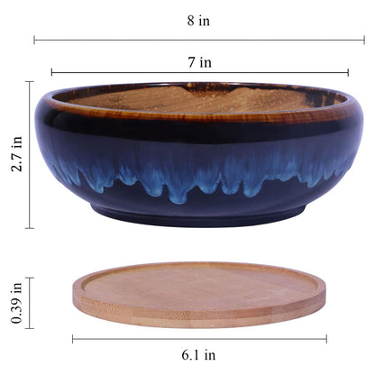 8" Drip Glazed Ceramic Succulent Planter with Bamboo Tray – Vintage Rustic Bonsai Pot for Indoor Plants