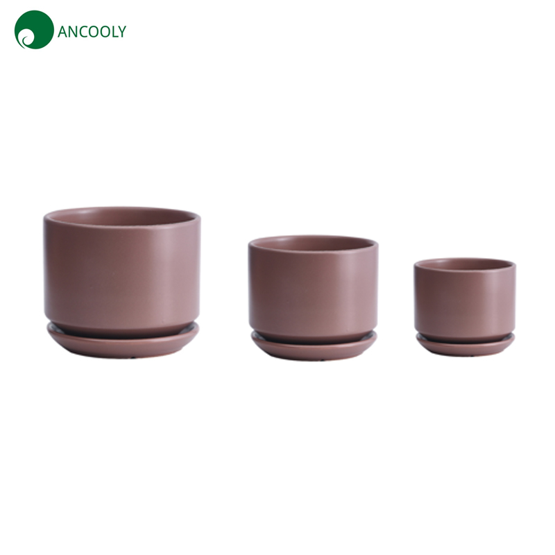 Brown Ceramic Planter Set with Tray